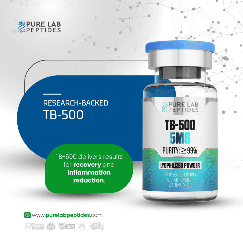 TB-500 peptide bottle from Pure Lab Peptides for research use, showing its purity and benefits.