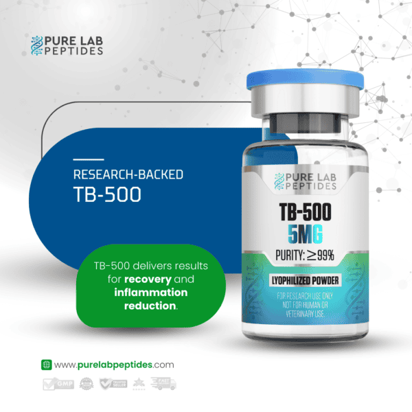 TB-500 peptide bottle from Pure Lab Peptides for research use, showing its purity and benefits.