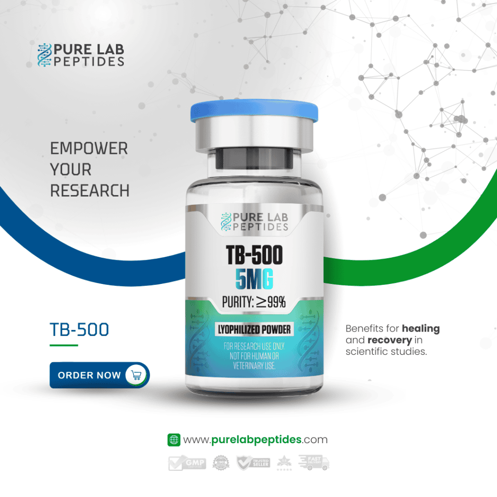 Pure Lab Peptides TB-500 5mg lyophilized powder bottle for research.