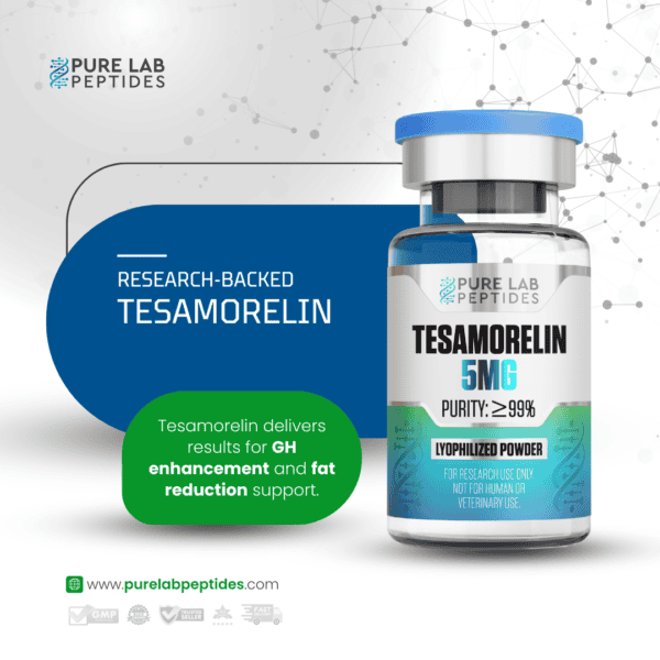 Tesamorelin 5mg bottle by Pure Lab Peptides for GH enhancement and fat reduction.