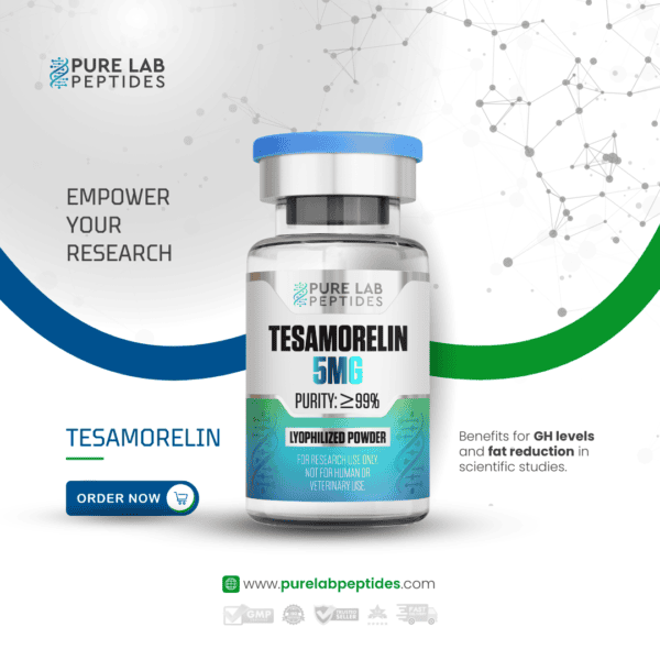 Pure Lab Peptides Tesamorelin 5mg bottle with benefits listed.