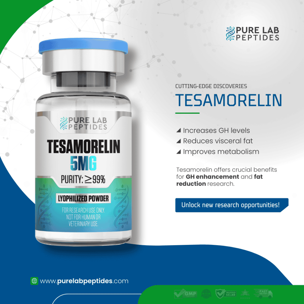 Tesamorelin 5mg bottle from Pure Lab Peptides with benefits listed.