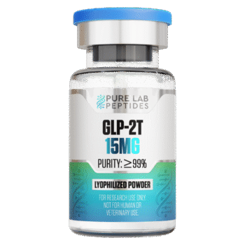 A glass vial labeled 'GLP-2T 15MG' containing lyophilized powder, marked with a purity of at least 99%. The vial features a blue cap and a design indicating it is for research use only, not for human or veterinary use.
