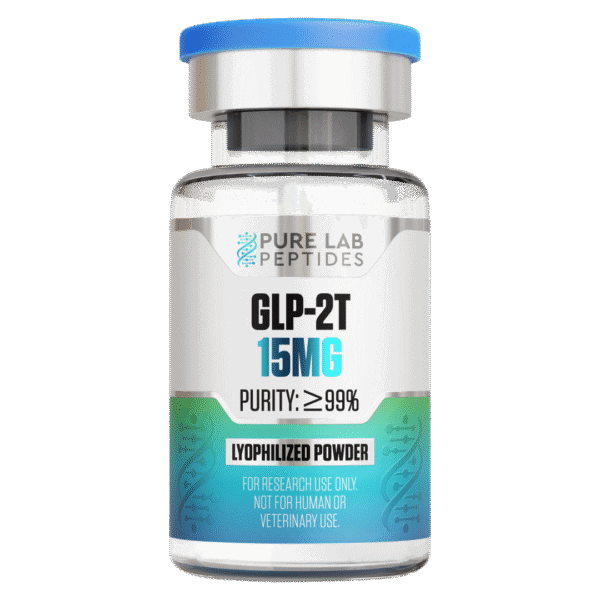 A glass vial labeled 'GLP-2T 15MG' containing lyophilized powder, marked with a purity of at least 99%. The vial features a blue cap and a design indicating it is for research use only, not for human or veterinary use.