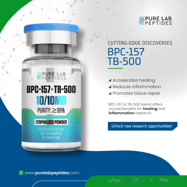 Pure Lab Peptides BPC-157 + TB-500 10/10 mg vial, clear glass with blue cap, research use only