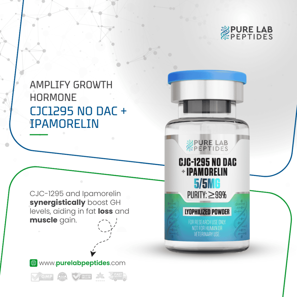 Pure Lab Peptides CJC-1295 No DAC + Ipamorelin 5/5 mg vial, clear glass with blue cap, research use only