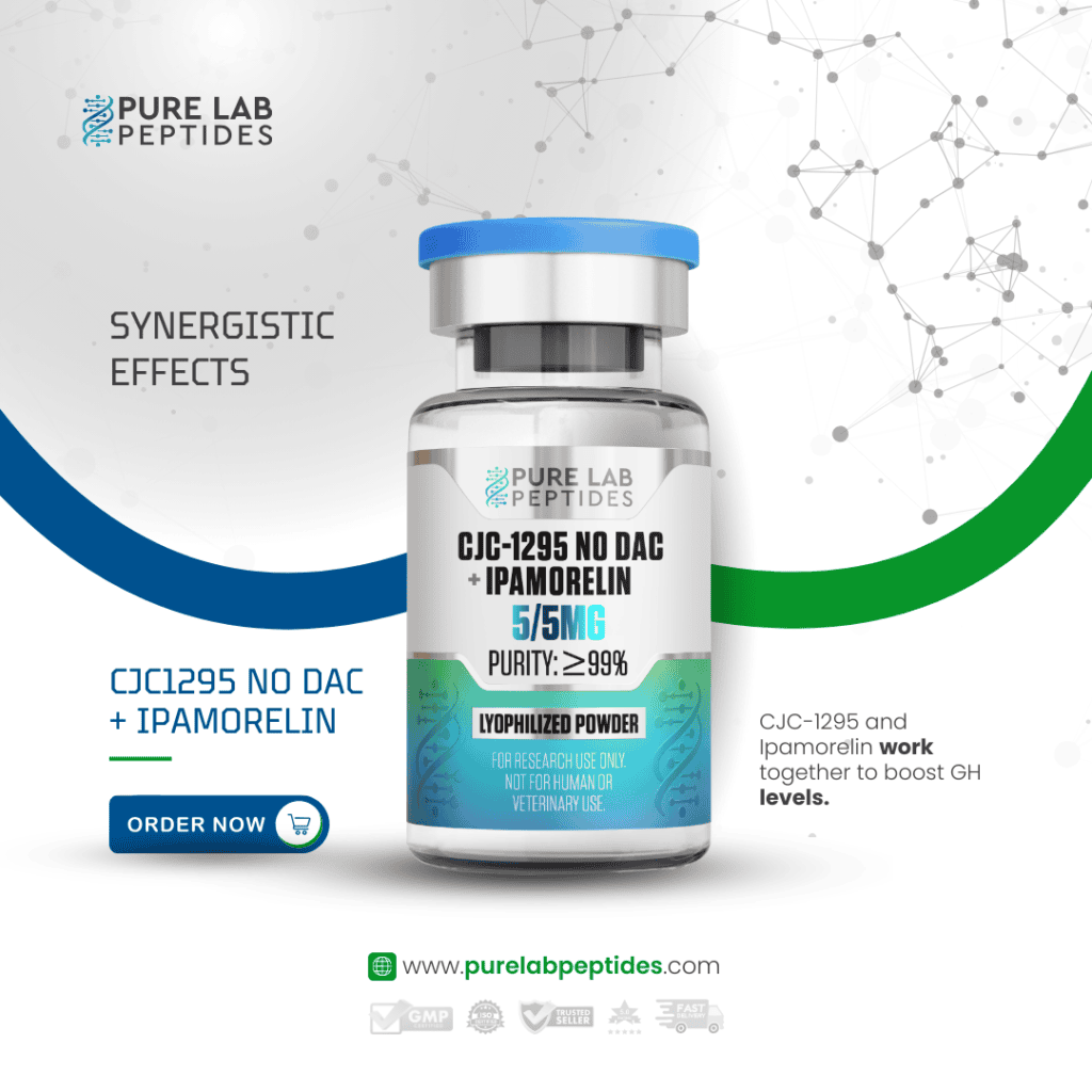 Pure Lab Peptides CJC-1295 No DAC + Ipamorelin 5 mg vial, clear with blue cap, research use only