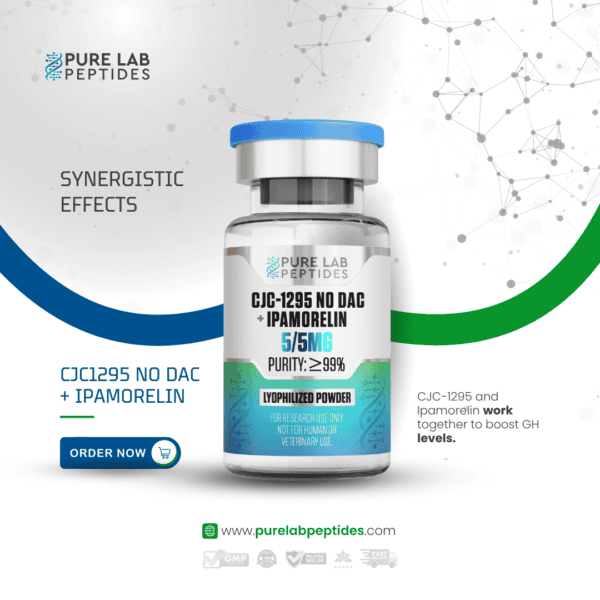 Pure Lab Peptides CJC-1295 No DAC + Ipamorelin 5 mg vial, clear with blue cap, research use only