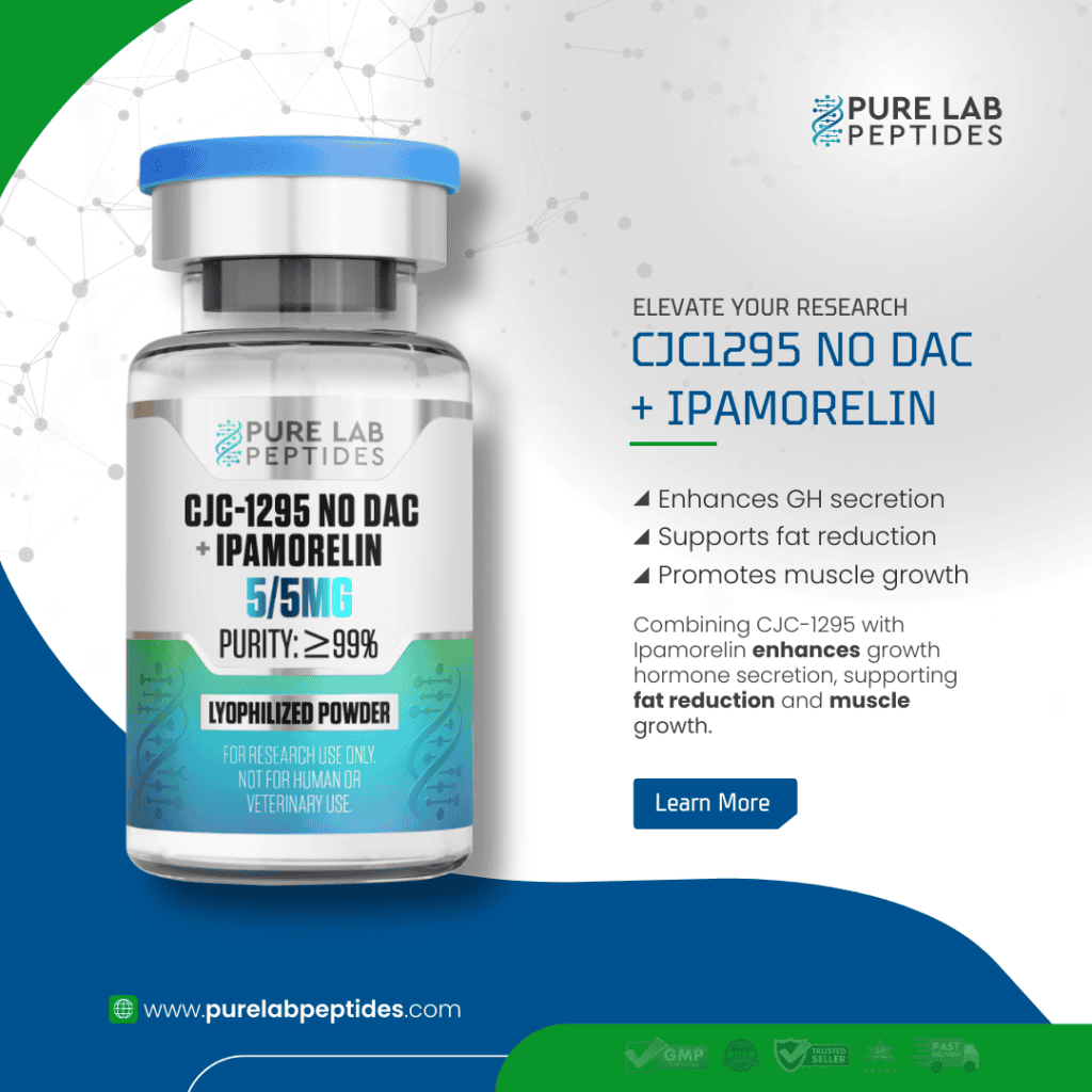 Pure Lab Peptides CJC-1295 No DAC + Ipamorelin 5/5 mg lyophilized powder vial with blue cap, research use only