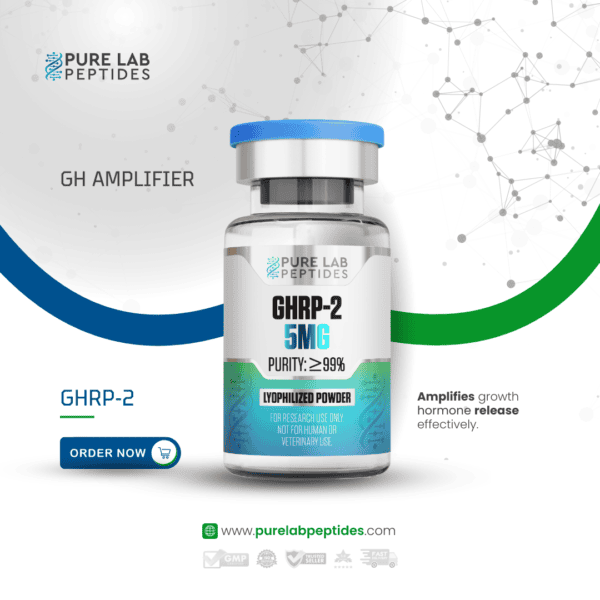 Pure Lab Peptides GHRP-2 5 mg lyophilized powder vial, blue cap, purity ≥99%, research use only