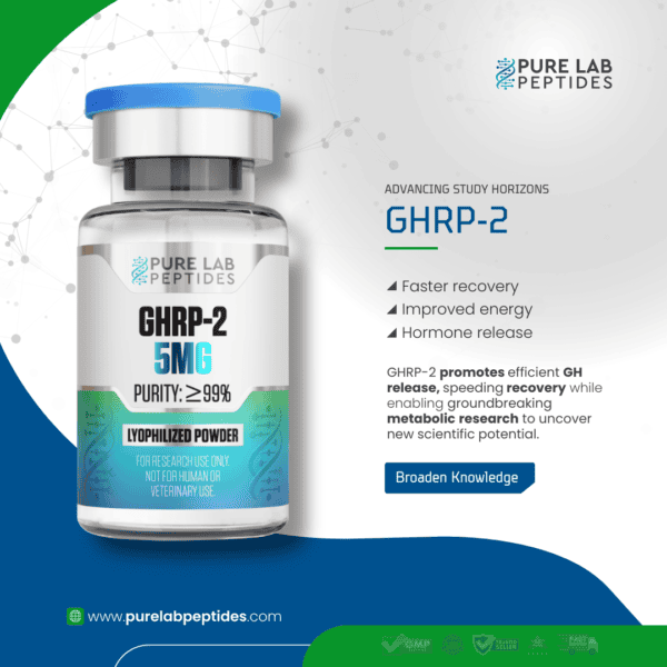 Pure Lab Peptides GHRP-2 5 mg vial with blue cap and lyophilized powder, research use only