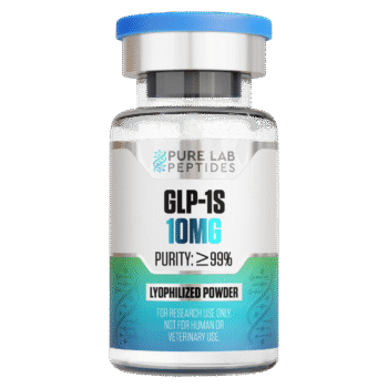 A clear glass vial containing a white powder labeled 'GLP-1S 10MG' with a blue cap, indicating a purity of 99% or higher, and marked for research use only.
