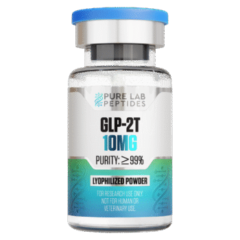A glass vial labeled 'GLP-2T 10MG' containing lyophilized powder, indicating a purity of over 99%. The vial is from 'Pure Lab Peptides' and has a blue cap, with a warning that it is for research use only and not intended for human or veterinary use.