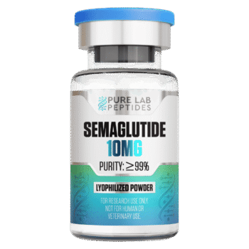 A clear glass vial labeled 'Semaglutide 10mg' with a blue cap, indicating a purity of 99% and noting it contains lyophilized powder. It states 'For research use only, not for human or veterinary use.' The design incorporates a gradient from green to blue.