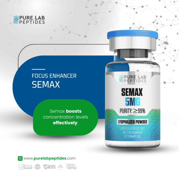 Pure Lab Peptides SEMAX 5 mg lyophilized powder vial with blue cap, purity ≥99%, research use only