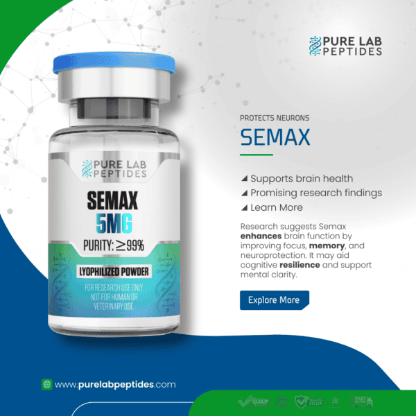 Pure Lab Peptides Semax 5 mg lyophilized powder vial, clear glass with blue cap, research use only
