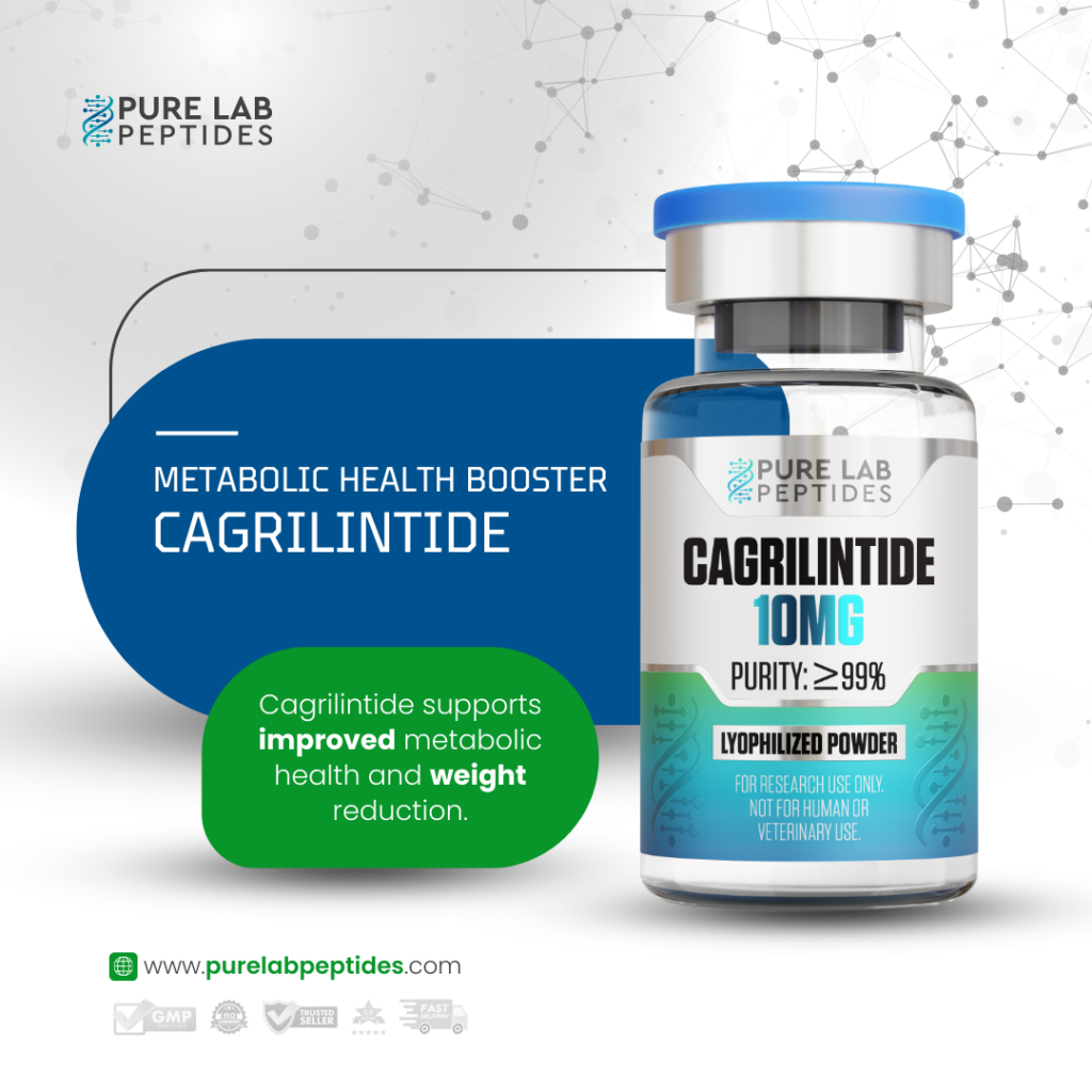 Pure Lab Peptides Cagri lentide 10 mg vial, clear glass with blue cap, lyophilized powder, research use only