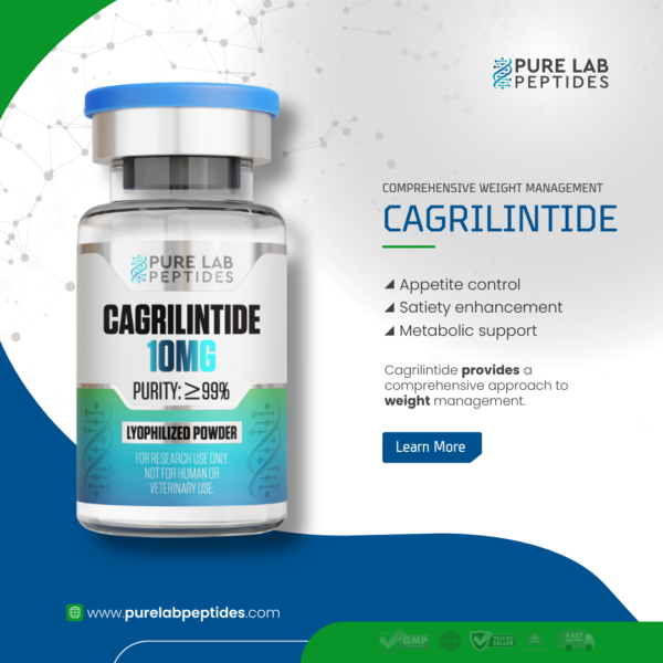 Pure Lab Peptides Cagrilintide 10 mg vial, blue cap, lyophilized powder, research use only
