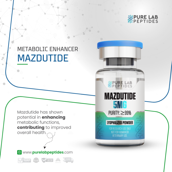 Pure Lab Peptides Mazdutide 5 mg vial, blue cap, lyophilized powder, research use only