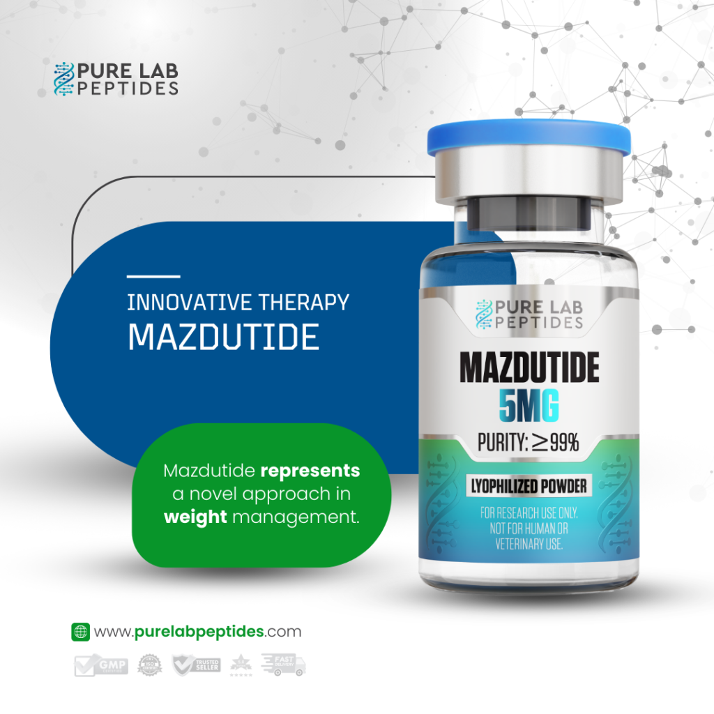 Pure Lab Peptides Mazdutide 5 mg vial, clear glass with blue cap, research use only