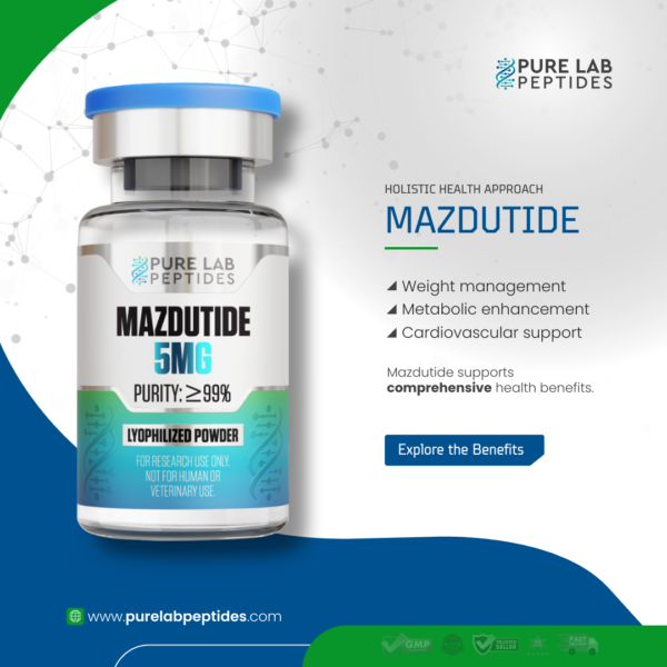 Pure Lab Peptides Mazdutide 5 mg lyophilized powder vial with blue cap, purity greater than 99%, research use only