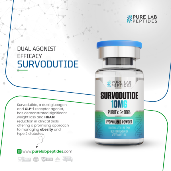 Pure Lab Peptides Survodutide 10 mg lyophilized powder vial, blue cap, purity over 99%, research use only