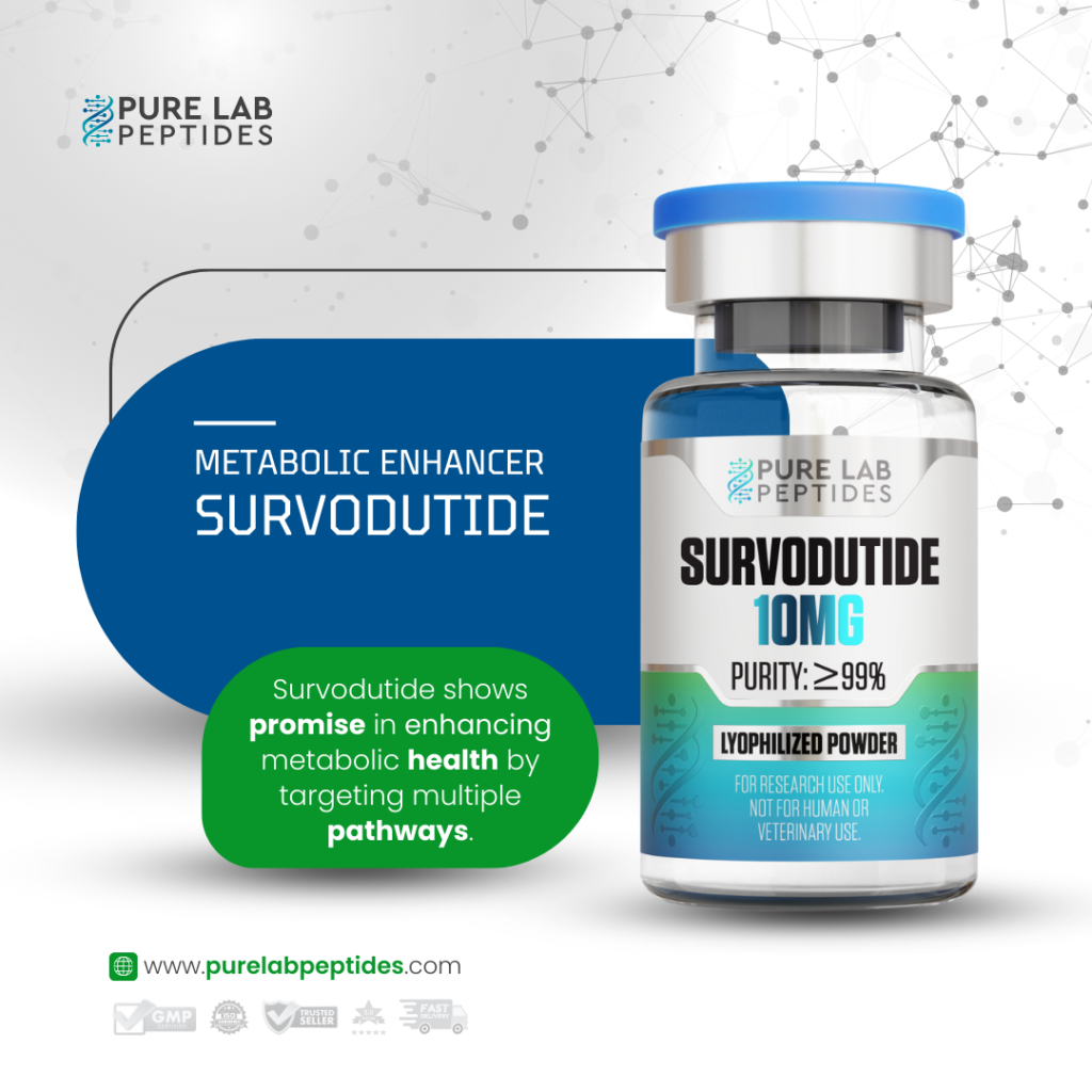 Pure Lab Peptides Survodutide 10 mg vial, lyophilized powder with blue cap, for research use only
