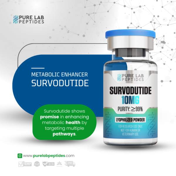 Pure Lab Peptides Survodutide 10 mg vial, lyophilized powder with blue cap, for research use only