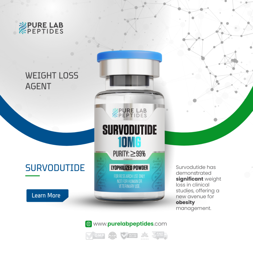 Pure Lab Peptides Survodutide 10 mg lyophilized powder vial with blue cap, research use only