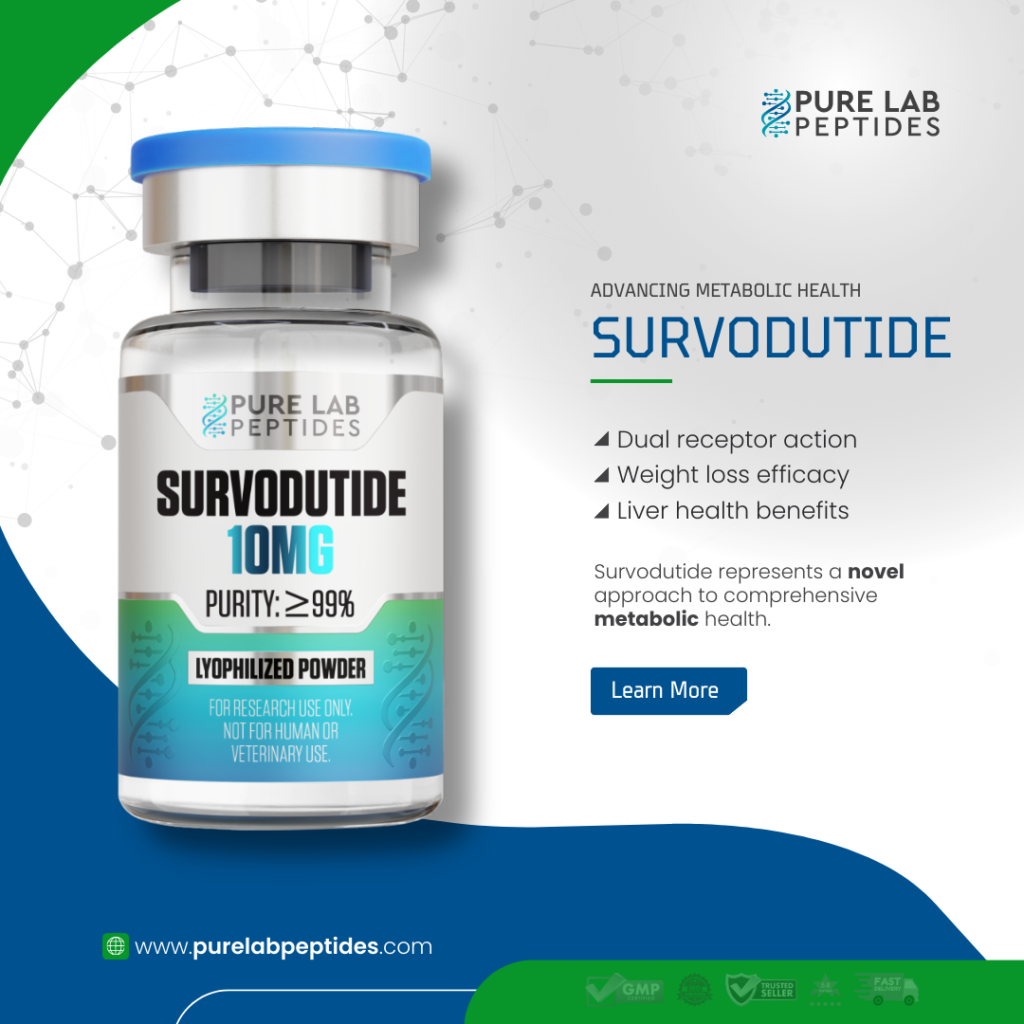 Pure Lab Peptides Survodutide 10 mg vial with blue cap, lyophilized powder for research use only