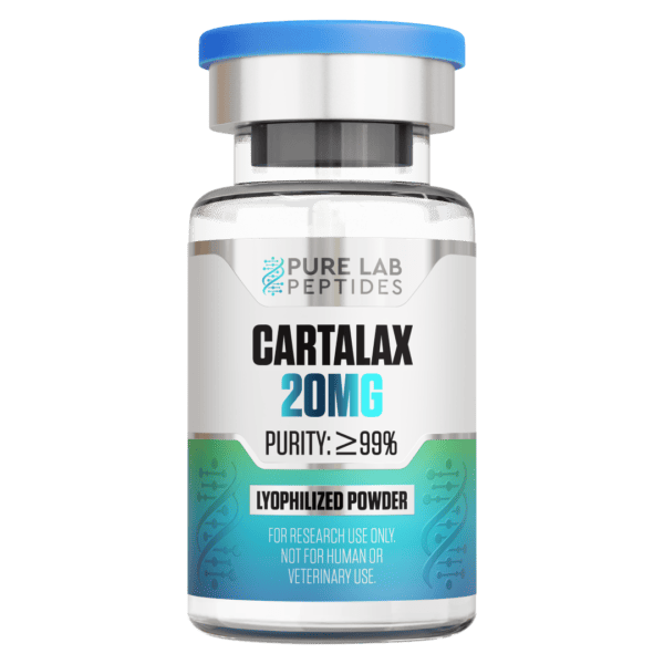 Pure Lab Peptides Cartalax 20 mg lyophilized powder vial with blue cap, purity ≥99%, research use only