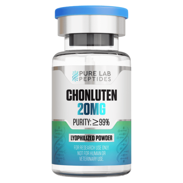 Pure Lab Peptides Chonluten 20 mg lyophilized powder vial with blue cap, purity ≥99%, research use only