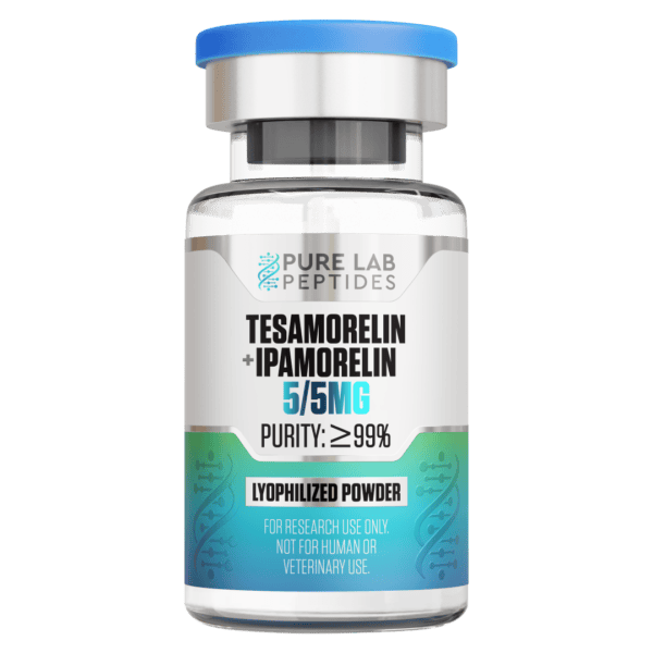 Pure Lab Peptides Tesamorelin + Ipamorelin 5 mg lyophilized powder vial with blue cap, research use only