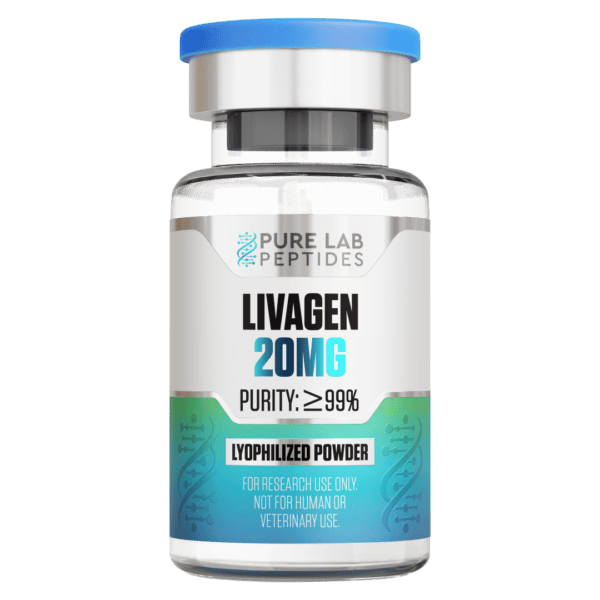 Pure Lab Peptides Livagen 20 mg lyophilized powder vial with blue cap, purity ≥ 99%, research use only