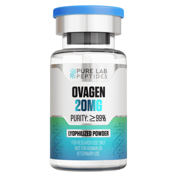 Pure Lab Peptides Ovagen 20 mg vial, clear glass with a blue cap, lyophilized powder for research use only