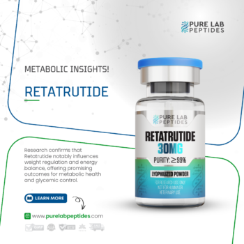 Pure Lab Peptides Retatrutide 30 mg lyophilized powder vial, blue cap and clear glass, research use only