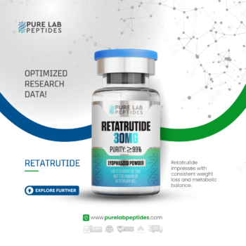 Pure Lab Peptides Retatrutide 30 mg lyophilized powder vial, blue cap with ≥99% purity label, research use only