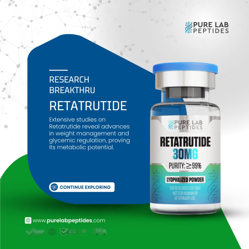 Pure Lab Peptides Retatrutide 30 mg research peptide vial, transparent glass with blue cap, research use only
