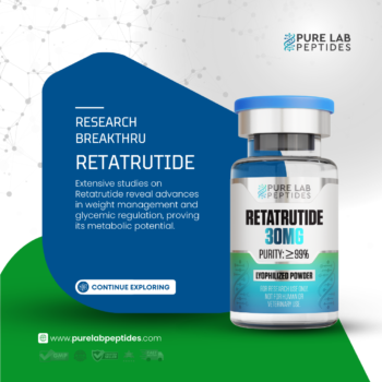 Pure Lab Peptides Retatrutide 30 mg research peptide vial, transparent glass with blue cap, research use only