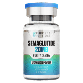 A glass vial labeled 'Semaglutide 20mg' with a blue cap, featuring details such as 'Purity: ≥99%' and 'Lyophilized Powder', indicating it's for research use only, not for human or veterinary use.