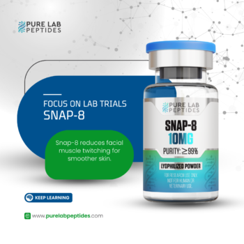 Pure Lab Peptides SNAP-8 10 mg lyophilized powder vial with blue cap, purity ≥99%, research use only