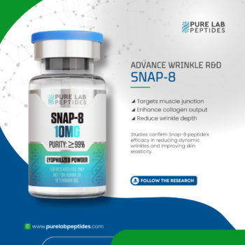 Pure Lab Peptides SNAP-8 10 mg lyophilized powder vial with blue cap, purity ≥99%, research use only