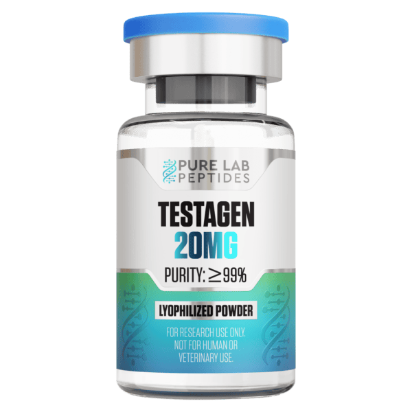 Pure Lab Peptides Testagen 20 mg lyophilized powder vial, clear glass with blue cap, research use only
