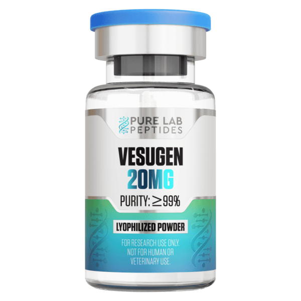 Pure Lab Peptides Vesugen 20 mg lyophilized powder vial with blue cap, purity ≥ 99%, research use only