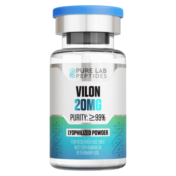 Pure Lab Peptides Vilon 20 mg vial, clear glass with a blue cap, lyophilized powder, research use only