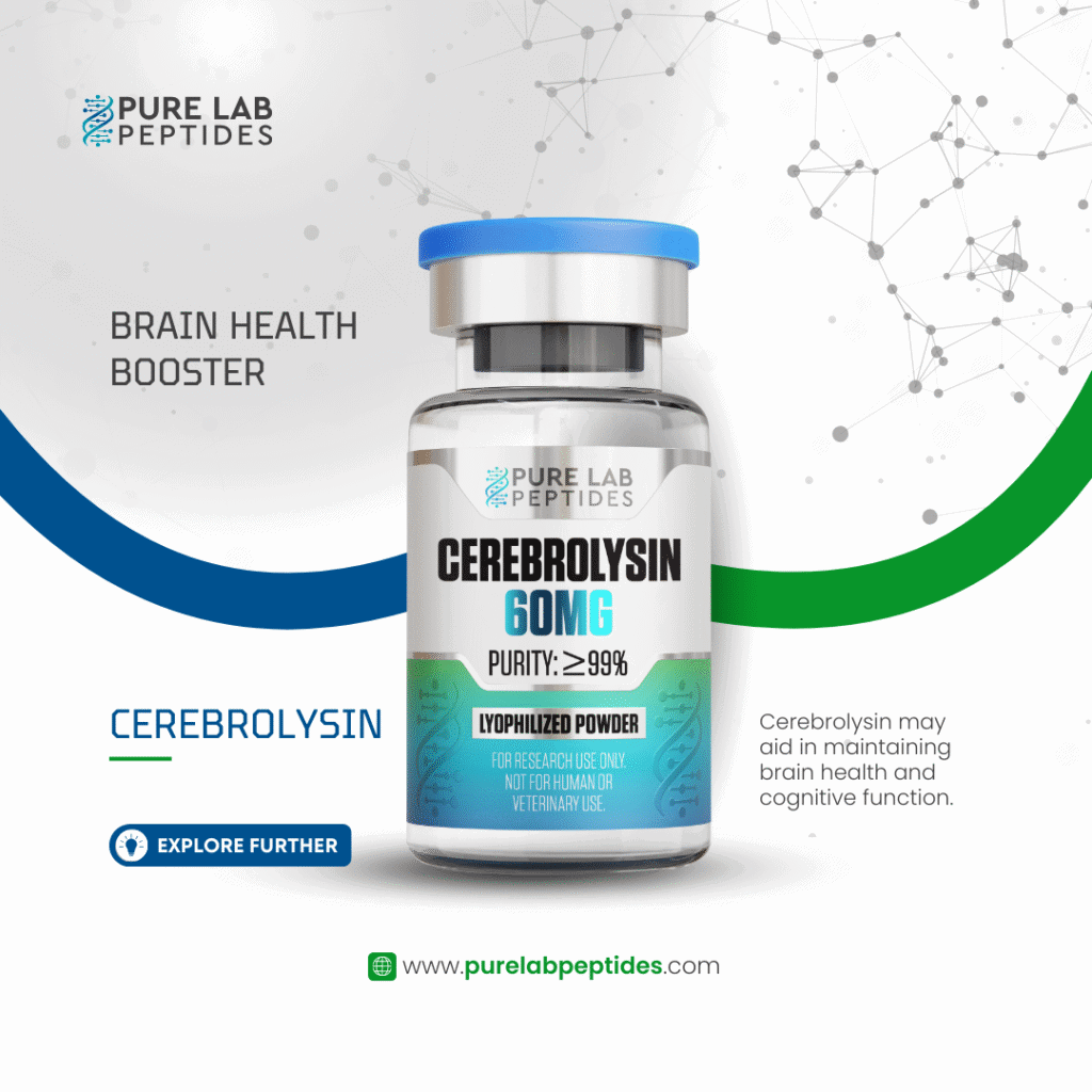 Pure Lab Peptides Cerebrolysin 60 mg research peptide vial, clear glass with blue cap, research use only