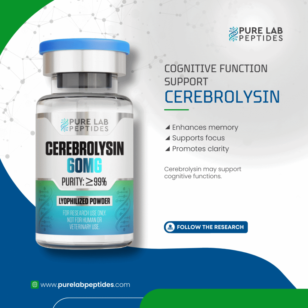 Pure Lab Peptides Cerebrolysin 60 mg lyophilized powder vial with blue cap, purity ≥99%, research use only
