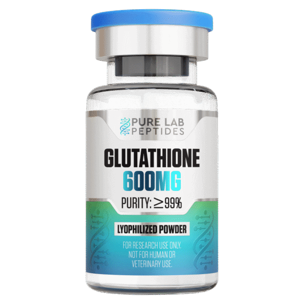 Pure Lab Peptides Glutathione 600 mg lyophilized powder vial with blue cap, purity ≥ 99%, research use only