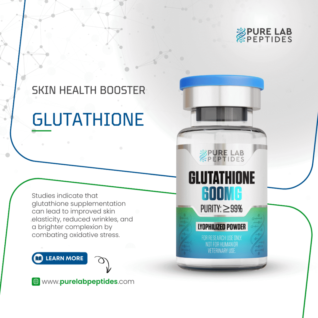 Pure Lab Peptides Glutathione 600 mg vial, clear glass with blue cap, research use only