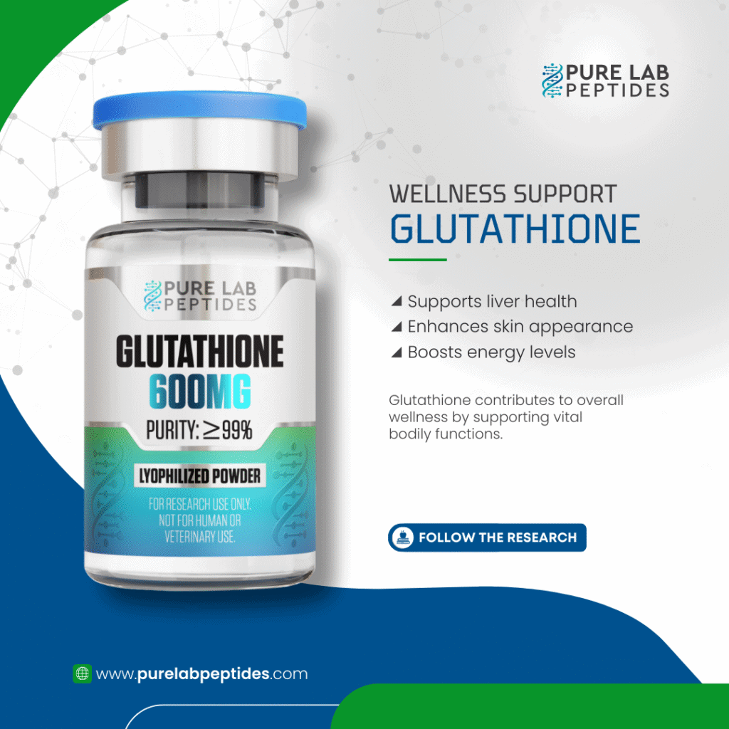 Pure Lab Peptides Glutathione 600 mg lyophilized powder vial with blue cap, research use only